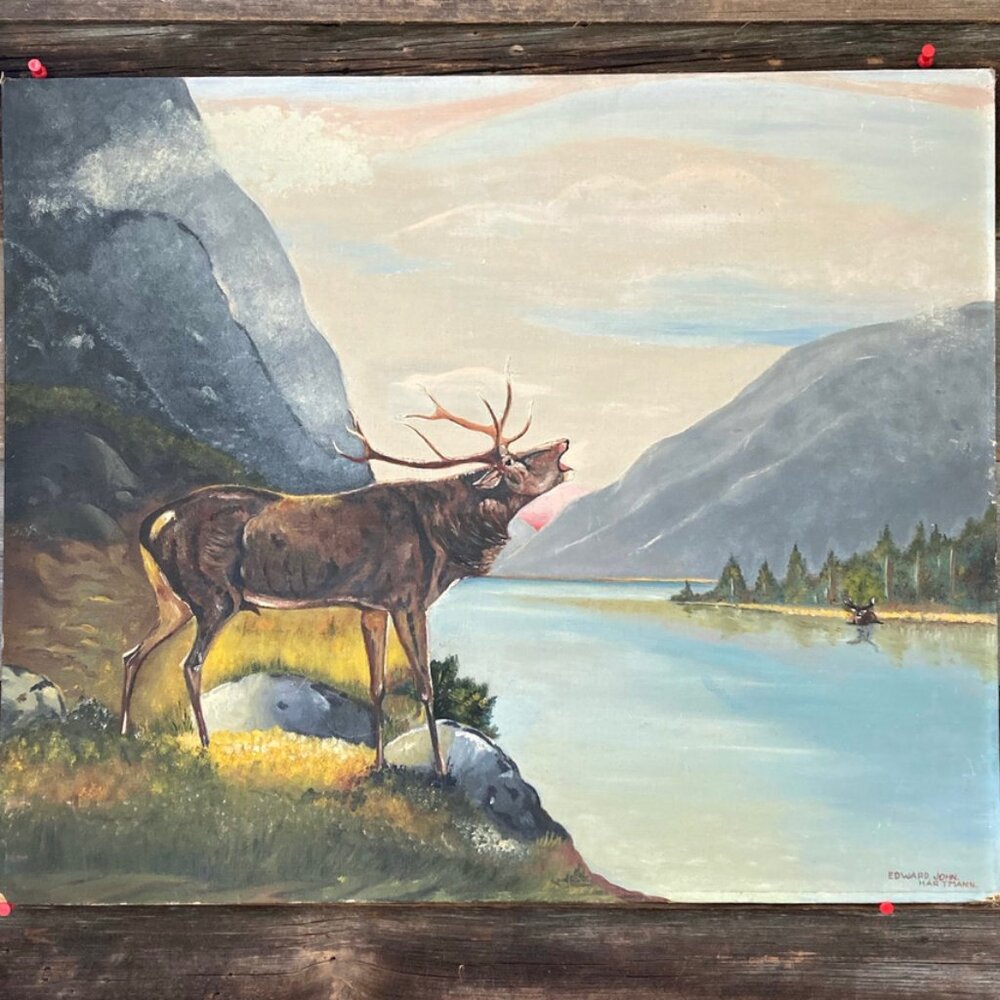 original oil stag painting . mountain painting .  antler painting   original art